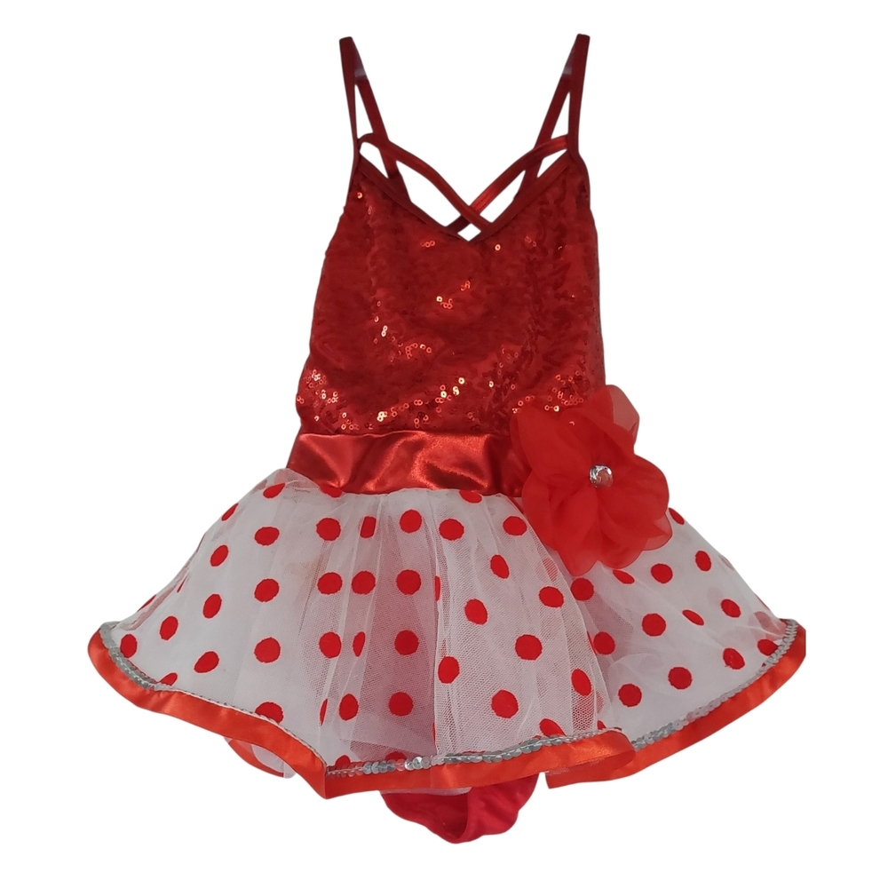 Laylas Red Dance Costume – Sequins & Polka Dots – XSC - 4-5 Years Old
